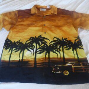 Ocean Current Palm Trees Classic Car Button Up Down Hawaiian Shirt Mens Size XL